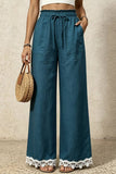 Ruffle Waist Lace-Trim Wide-Leg Pants