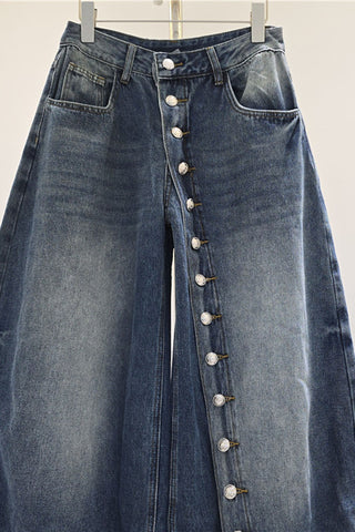 High-Waist Button-Front Barrel Jeans