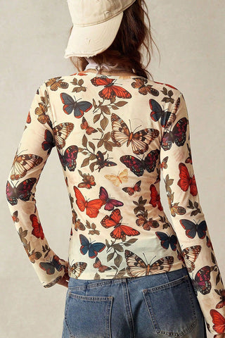 Butterfly Print V-Neck Button-Front Blouse