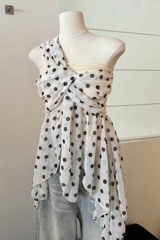 Polka Dot One-Shoulder Ruched Tank