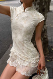 Lace Mandarin Collar Cap Sleeve Mini Dress