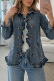 Ruffle Trim Double-Breasted Denim Jacket