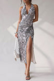 Ruched Halter High-Slit Dress