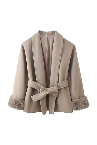 Faux Fur Cuff Wrap Belted Coat