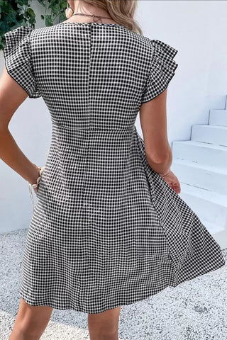 Gingham Flutter-Sleeve Casual Dress