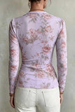 Sheer Floral Ruched Cowl Neck Top