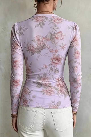Sheer Floral Ruched Cowl Neck Top