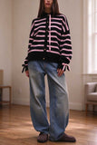 Striped Hooded Button-Front Knit Cardigan