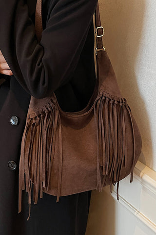 Fringe Detail Suede Hobo Bag