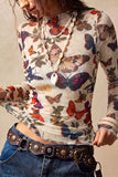 Butterfly Print Mock Neck Mesh Top