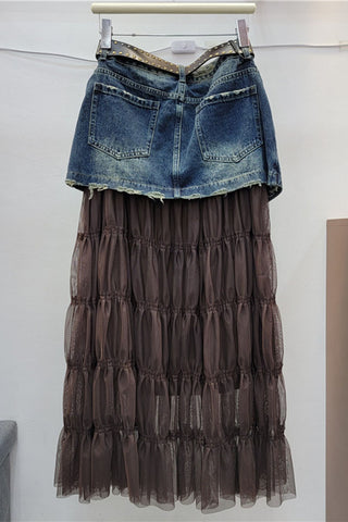 Denim Overlay Tiered Mesh Midi Skirt