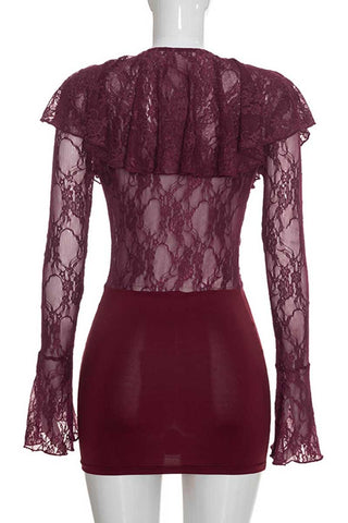 Sheer Lace Ruffle V-Neck Mini Dress