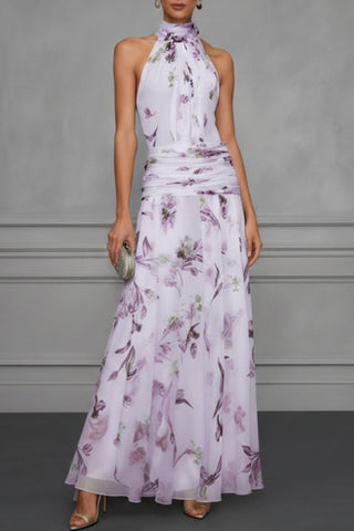 Floral Halter Ruched Maxi Dress