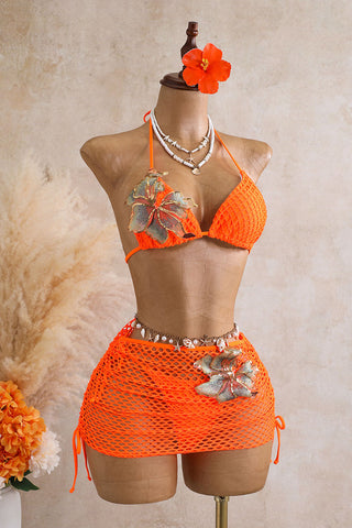 Floral Applique Three-Piece Bikini Set
