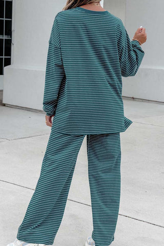 Striped Crew Neck Wide-Leg Pants Set