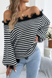 Striped Off-Shoulder Frayed Knit Sweater