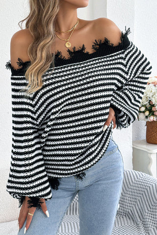 Striped Off-Shoulder Frayed Knit Sweater