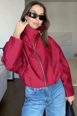 Grid Print Zip-Up Stand Collar Jacket