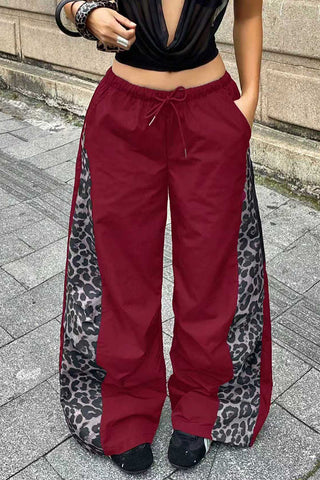 Leopard Side Panel Drawstring Wide-Leg Pants