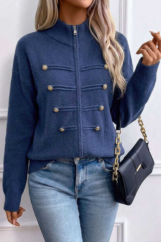 Zip-Front Mock Neck Knit Cardigan