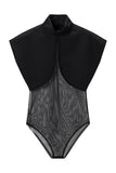 Mock Neck Cape Overlay Sheer Bodysuit