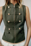 Military Button Zip Front Sleeveless Tank