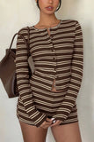 Striped Button-Front Long Sleeve Short Set