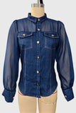 Sheer Sleeve Button-Front Denim Shirt