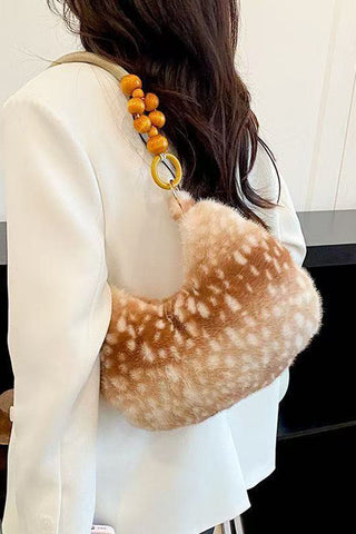 Faux Fur Spotted Bag with Beaded Handle