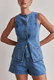 Button-Front Denim Top and Shorts Set