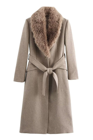Faux Fur Collar Tie-Waist Midi Coat