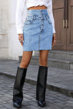 Button-Front Frayed Denim Skirt
