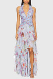 Floral Halter Ruched Ruffle Maxi Dress