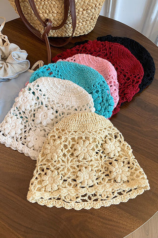 Floral Crochet Open-Knit Bucket Hat