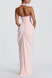 Ruched Halter V-Neck Maxi Evening Dress