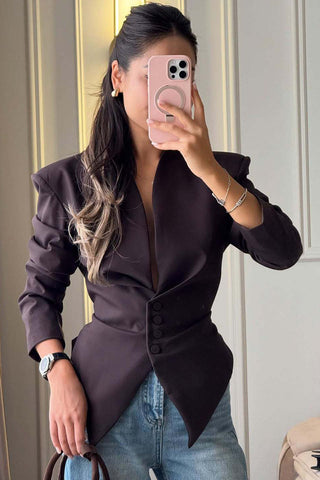 Deep V-Neck Button Front Peplum Blazer