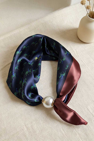 Paisley Print Satin Scarf with Pearl Ring