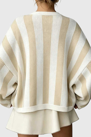 Striped Open-Front Batwing Sleeve Cardigan