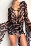 Zebra-Print Long Sleeve Wrap Mini Dress