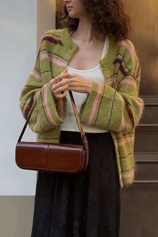 Striped Button-Front Fuzzy Knit Cardigan