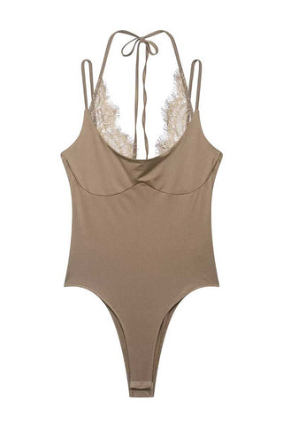 Lace Insert Tie-Back Sleeveless Bodysuit