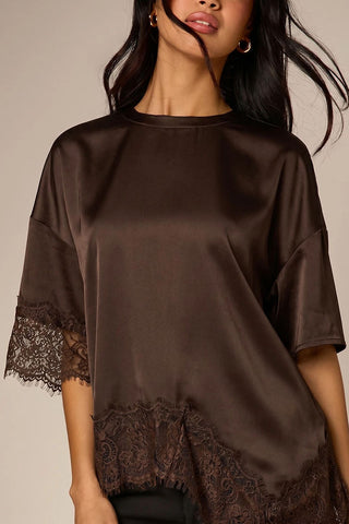 Satin Crew Neck Lace Trim T-Shirt
