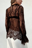 Sheer Floral Lace Mock Neck Bell Sleeve Blouse