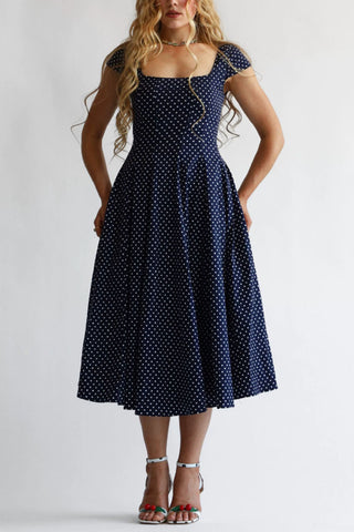 Polka Dot Square Neck Cap Sleeve Midi Dress
