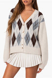 Argyle Knit V-Neck Button-Front Cardigan