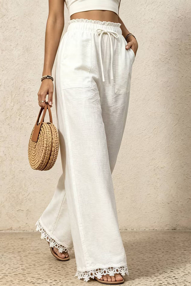 Ruffle Waist Lace-Trim Wide-Leg Pants