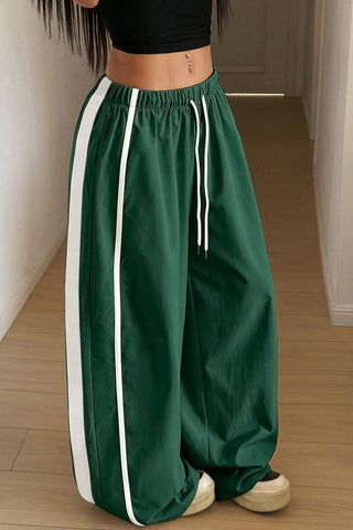 Side Stripe Drawstring Wide-Leg Casual Pants