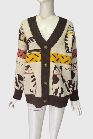 Cat Print V-Neck Cardigan