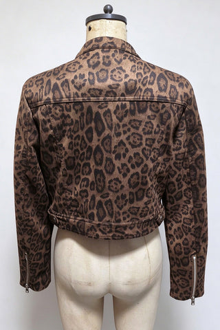 Leopard Print Mock Neck Zip-Front Crop Jacket