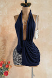 Rope Trim Halter Ruched Sequin Mini Dress